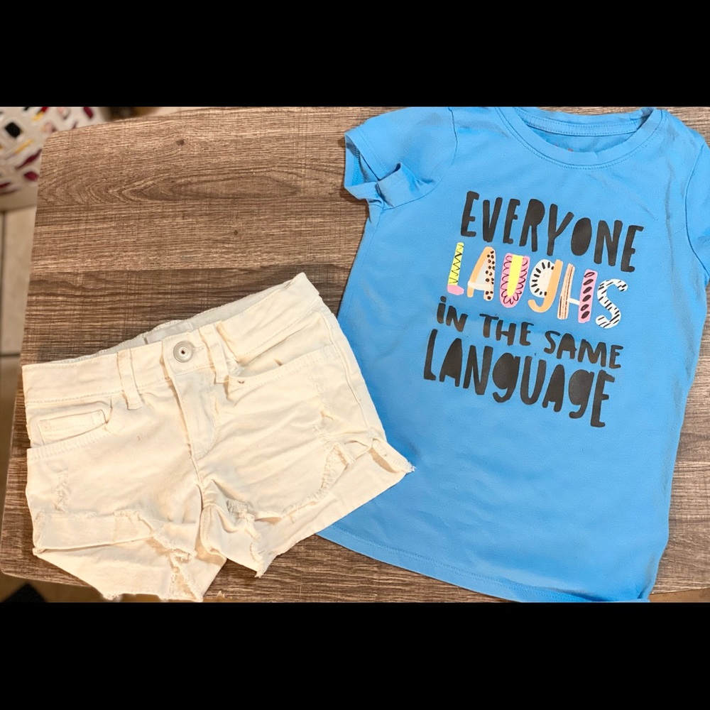 Size 5 Childrens Place white shorts & Cat & Jack graphic shirt